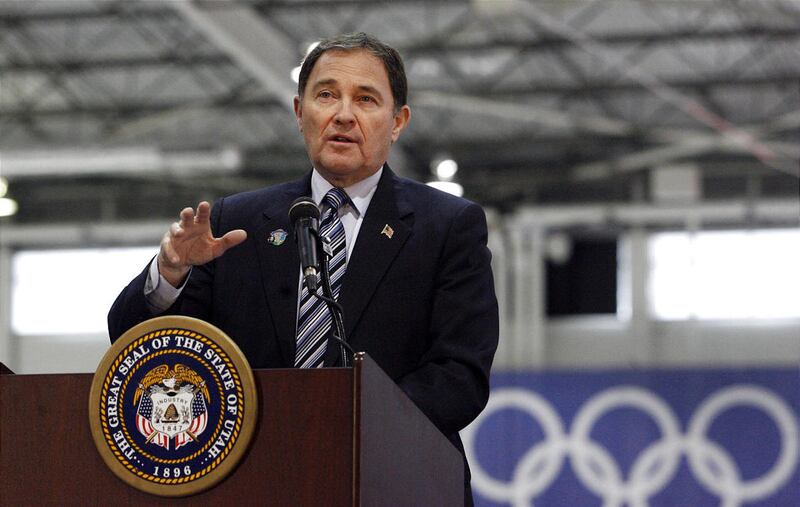 Utah Governor Gary R. Herbert announces the formation of an exploratory committee to consider a bid for the 2022 or 2026 Olympics at the Utah Olympic Oval in Kearns on Wednesday, February 8, 2012. A final report recommending whether