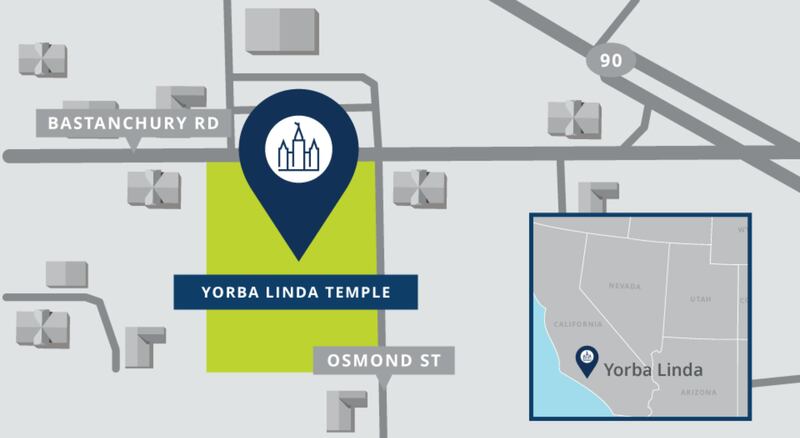A map shows the location of new Yorba Linda California Temple.