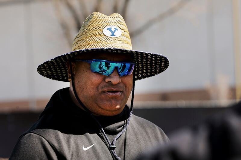 Head coach Kalani Sitake, talks with media after the BYU Cougars football team practiced in Provo on Friday, March 17, 2023.