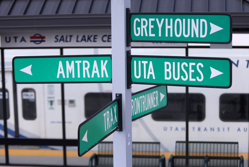 Transportation signs point the way to other transit options at the Salt Lake Central Station in Salt Lake City on Tuesday, June 19, 2018.