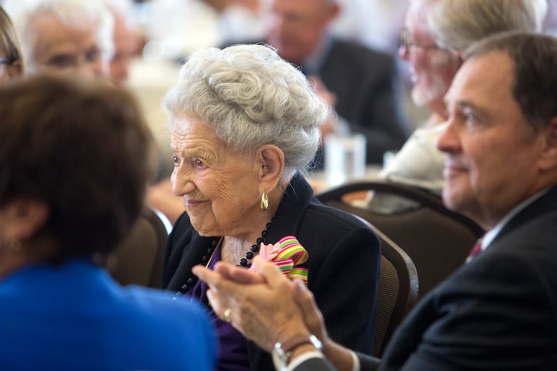 Nora Dalpiaz, 106, is recognized as the oldest person attending the 32nd Centenarian Celebration at the Viridian Event Center in West Jordan on Thursday, Aug. 23, 2018.