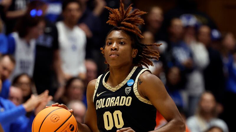 Colorado’s Jaylyn Sherrod (00) brings the ball down the court during the second half of a second-round college basketball game in the NCAA Tournament against Duke.
