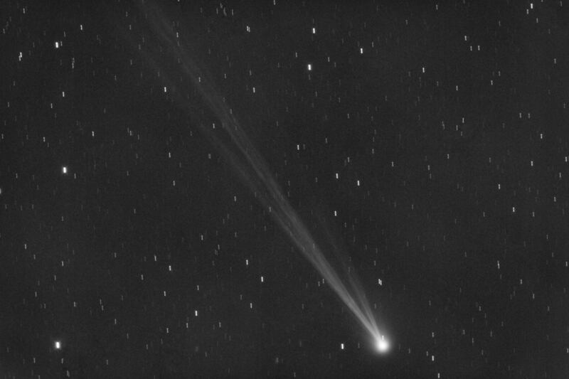 This image provided by Gianluca Masi shows the comet C/2023 P1 Nishimura and its tail seen from Manciano, Italy on Sept. 5, 2023.