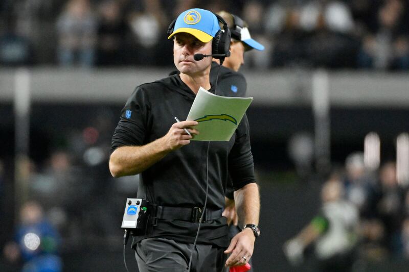 Los Angeles Chargers head coach Brandon Staley watches during a game against the Las Vegas Raiders, Thursday, Dec. 14, 2023.