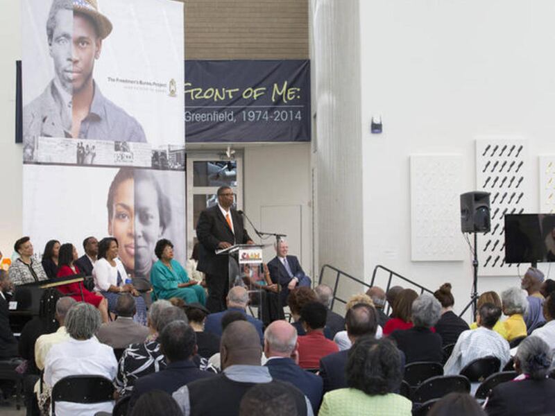 Thom Reed, a project manager for FamilySearch in Salt Lake City, talks about the Freedmen\'s Bureau Project at a news conference at the California African American Museum in Los Angeles on Friday, June 19, 2015. FamilySearch, the largest genealogy organiz