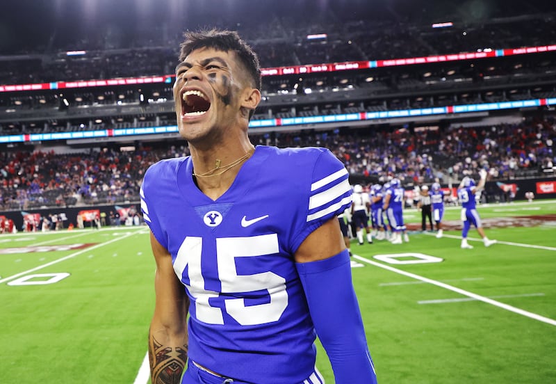 BYU Cougars wide receiver Samson Nacua (45) yells during the Vegas Kickoff Classic in Las Vegas. BYU defeated Arizona 24-16.