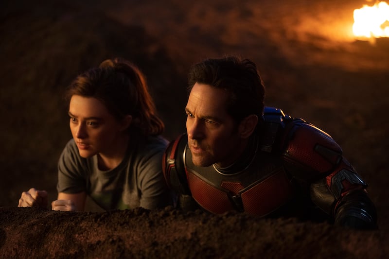 This image shows Kathryn Newton, left, and Paul Rudd in a scene from “Ant-Man and the Wasp: Quantumania.”