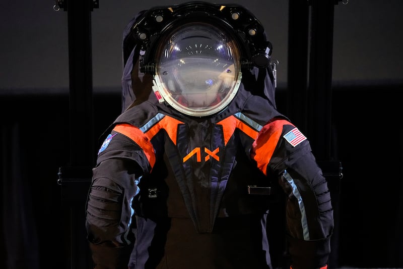 The prototype for the Axiom Extravehicular Mobility Unit (AxEMU) spacesuit is displayed Wednesday, March 15, 2023, in Houston. Axiom Space was chosen by NASA to design its spacesuits.