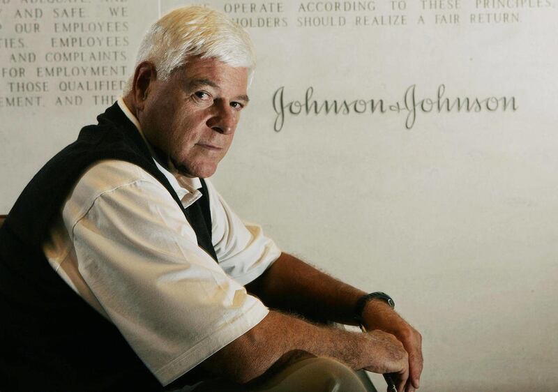 FILE - In this Thursday Nov. 15, 2007 file photo, health care products maker Johnson & Johnson's CEO William Weldon poses for photos at the company's world headquarters in New Brunswick, N.J. The company on Tuesday, Feb. 21, 2012 said Weldon is retiring t