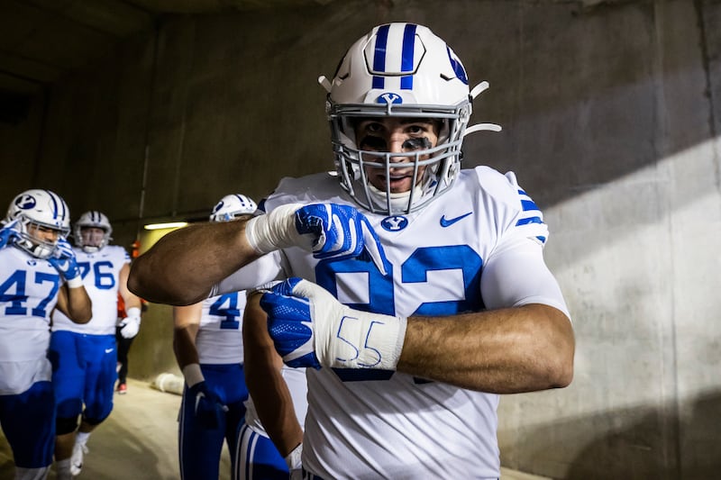 BYU defensive end Tyler Batty prepares to take the field prior to a game against Houston on Oct. 16, 2020.