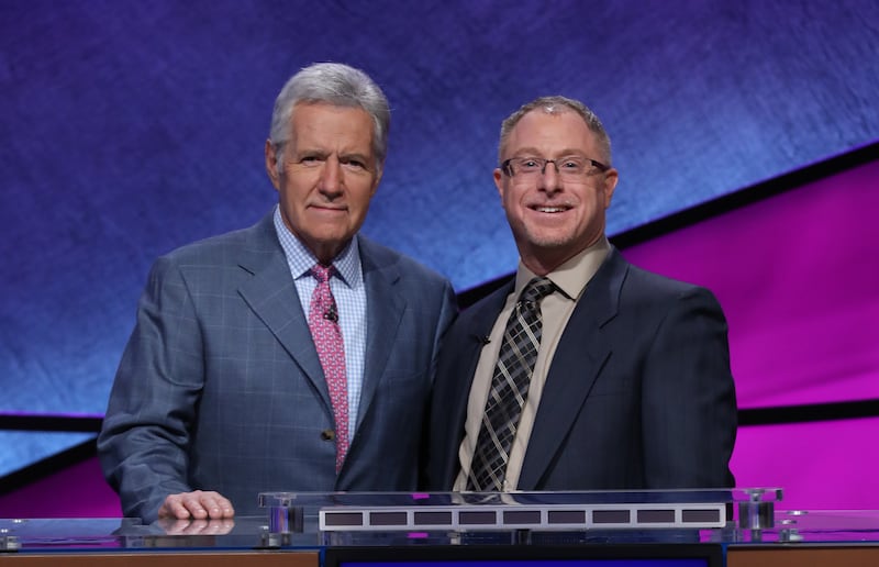 "Jeopardy!" host Alex Trebek poses with Utah teacher Steve Mond, who competed in the 2018 Teachers Tournament.