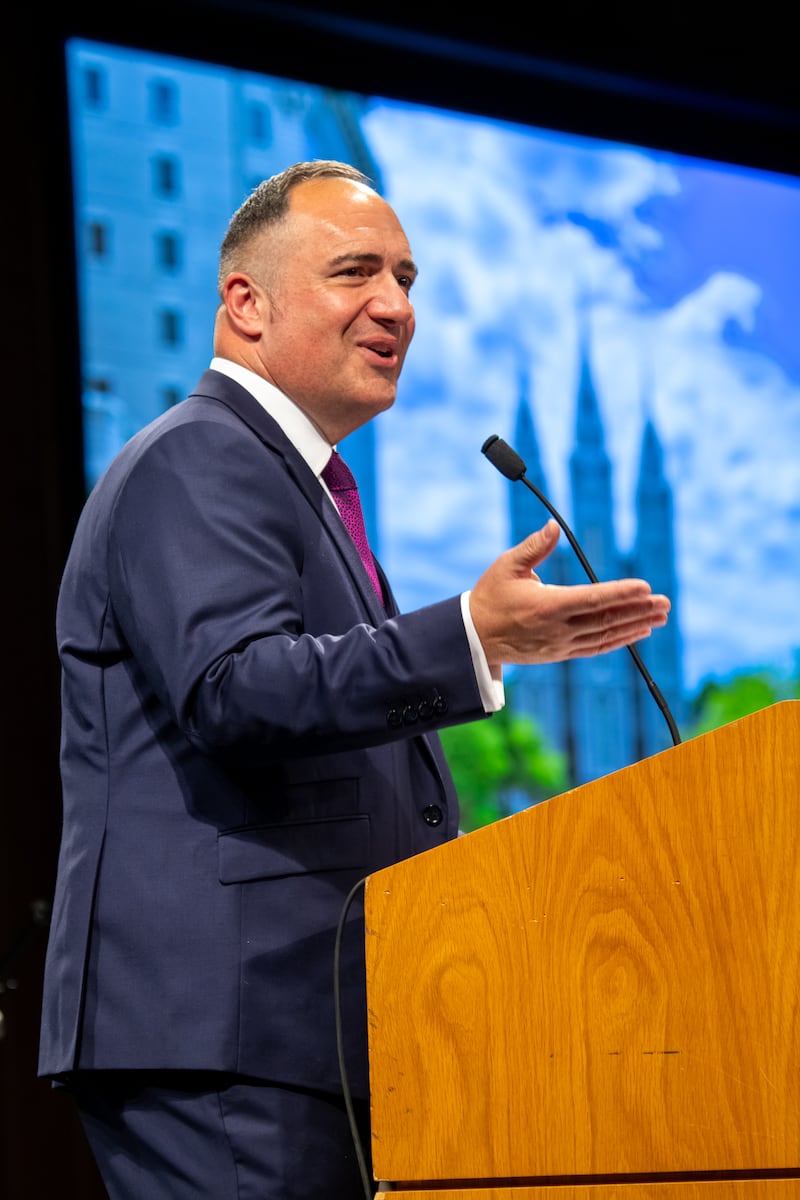 Church communication director Aaron Sherinian speaks at the 2025 FAIR Conference in Lehi, Utah, on Aug. 6, 2025.