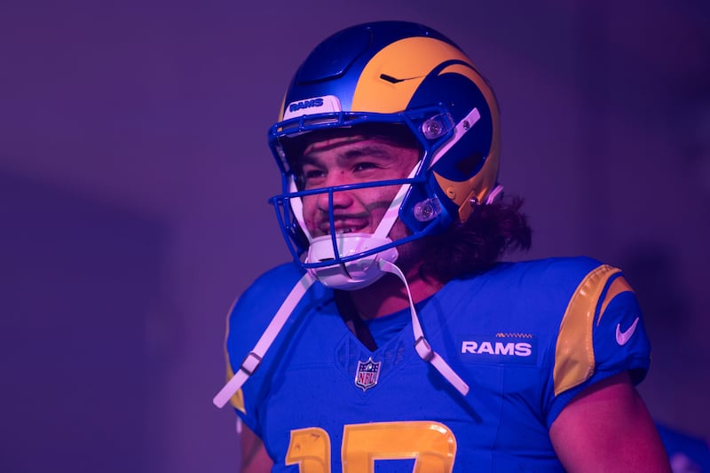 Los Angeles Rams wide receiver Puka Nacua (17) waits to take the field before an NFL football game against the New Orleans Saints, Thursday, Dec. 21, 2023, in Inglewood, Calif.