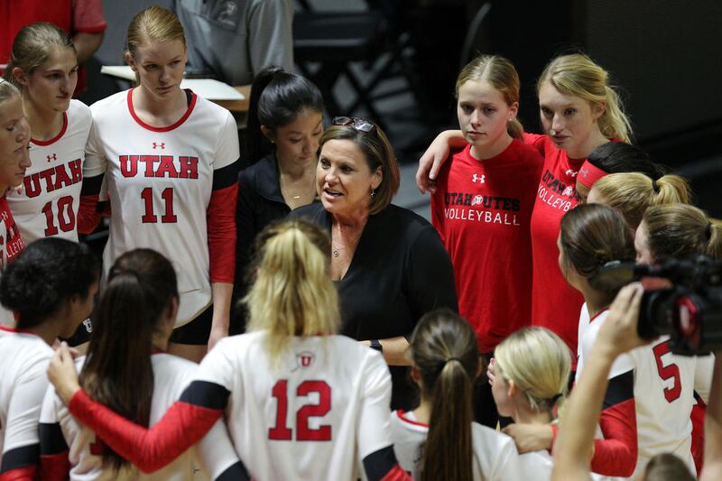 University of Utah volleyball coach Beth Launiere talks to the team as Utah takes on USU, Sept. 17, 2016, in Salt Lake City.
