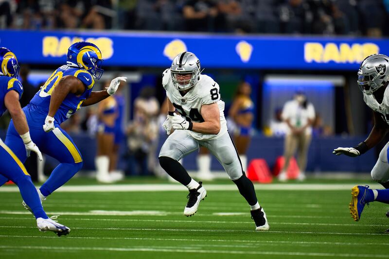 Las Vegas Raiders’ tight end Matt Bushman (84) runs a pass route during a preseason against the Los Angeles Rams.