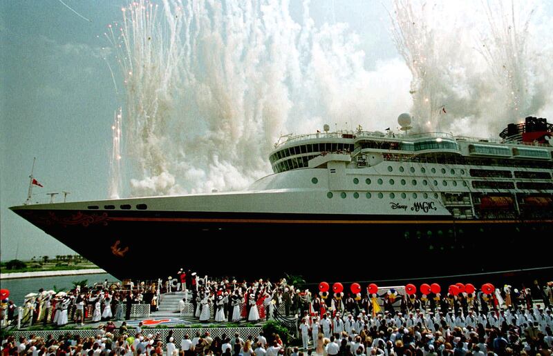 Disney Cruise Line’s first ship, the “Disney Magic,” sets off fireworks during christening ceremomies at her home port of Port Canaveral, Fla., Tuesday, July 28, 1998. The ship was built in Italy and is registered in The Bahamas. (AP Photo/Peter Cosgrove)
