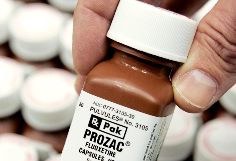 A bottle of Eli Lilly & Co.’s Prozac is pictured at a company facility in Plainfield, Ind.
