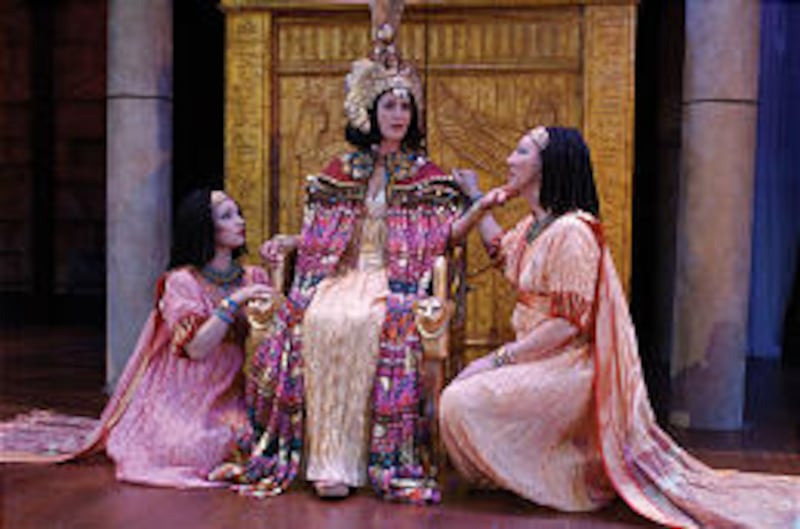 Cleopatra (Jacqueline Antaramian, center,) is attended to by Iras (Afton Quast, left) and Charmain (Leslie Brott) in "Antony and Cleopatra" at Cedar City fest.