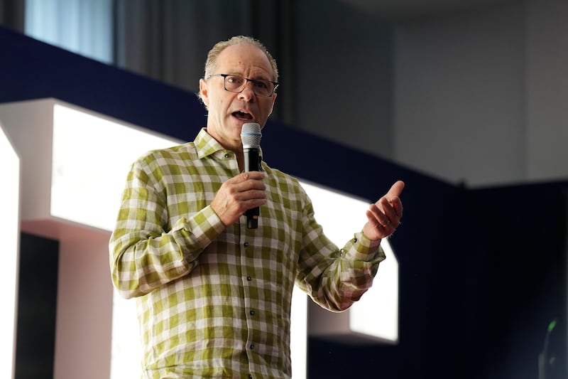 Author Jeff Benedict speaks on stage at the Patriots Haus in Frankfurt, Germany, Friday, Nov. 10, 2023.