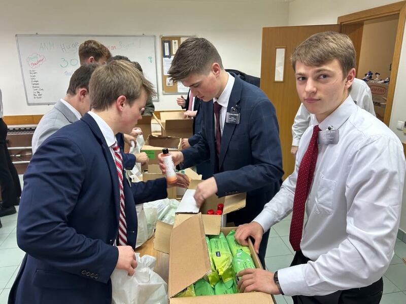 Missionaries in the Adriatic North Mission package hygiene kits for those in need for a Light the World service project on Thursday, Dec. 12, 2024, in Zagreb, Croatia.