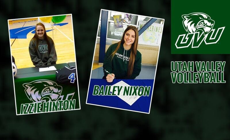 Izzie Hinton (left) and Bailey Nixon (right) sign scholarship agreements to play volleyball at Utah Valley University. The two will graduate high school early and enroll at UVU in January.