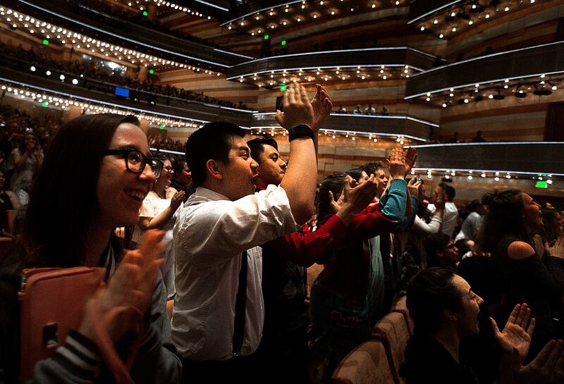 Granger High School students applaud their classmates after they performed a "Hamilton"-inspired rap at the Eccles Theater in Salt Lake City on Friday, May 4, 2018. More than 2,000 high school students attended the matinee showing and performed their own
