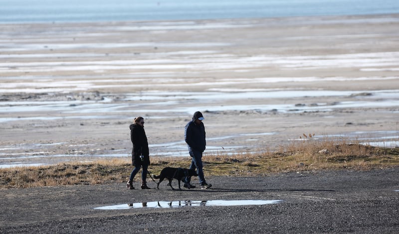 A couple and their dog walk near the Great Salt Lake.
