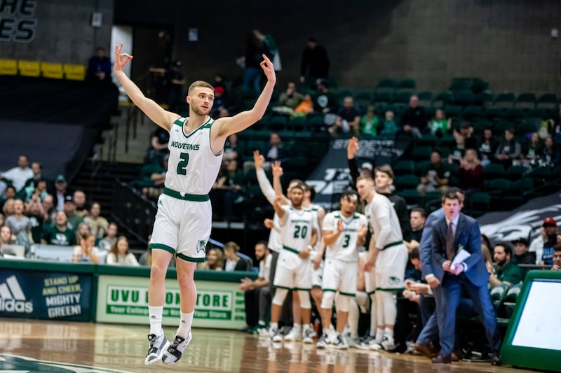Utah Valley junior guard Jake Toolson celebrates a 3-point bucket on Thursday night at the UCCU Center in Orem, Utah. UVU defeated Grand Canyon, 82-70.