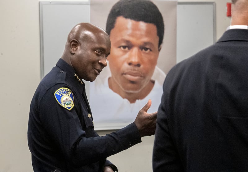 Stockton Police Chief Stanley McFadden speaks during a press conference at the Stockton Police Department headquarters in Stockton, Calif.