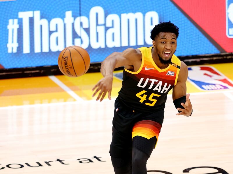 Utah Jazz guard Donovan Mitchell passes the ball in Game 5 against the Memphis Grizzlies.