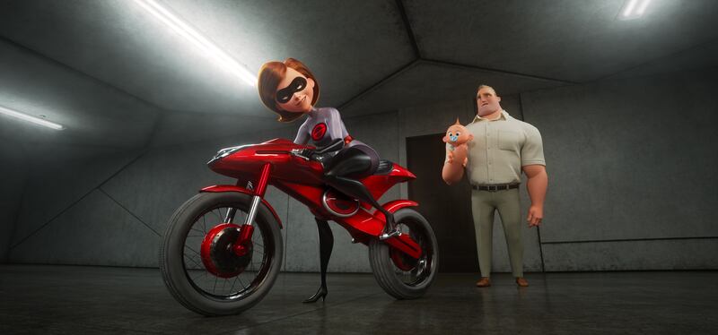 TAKING THE WHEEL -- In “Incredibles 2,” Helen aka Elastigirl is called on to help bring Supers back. Her mission comes with a brand-new Elasticycle, a state-of-the-art cycle that is designed just for her. Meanwhile, Bob navigates the day-to-day heroics of
