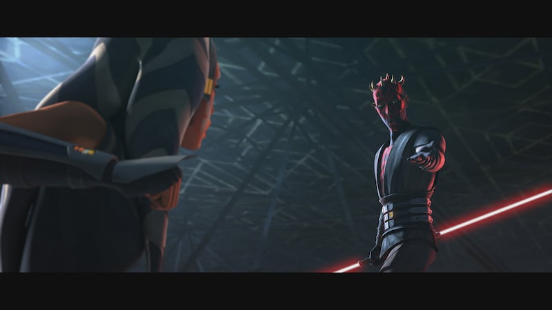 Ahsoka Tano and Maul in “Star Wars: The Clone Wars,” exclusively on Disney Plus.