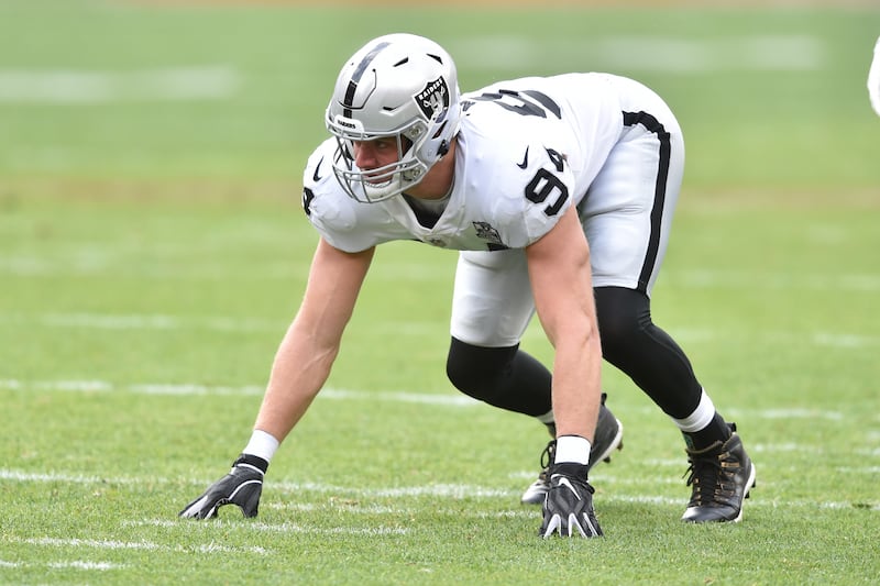 Las Vegas Raiders defensive end Carl Nassib (94) in action during an NFL football game against the Cleveland Browns, Sunday, Nov. 1, 2020, in Cleveland.