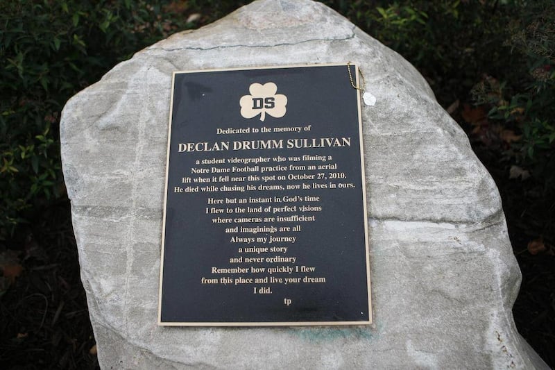 A memorial dedicated to Declan Drumm Sullivan is seen on the Notre Dame campus, Wednesday, Oct. 26, 2011 in South Bend, Ind. The University of Notre Dame is establishing an endowed scholarship in memory of Declan Drumm Sullivan, a student killed last year