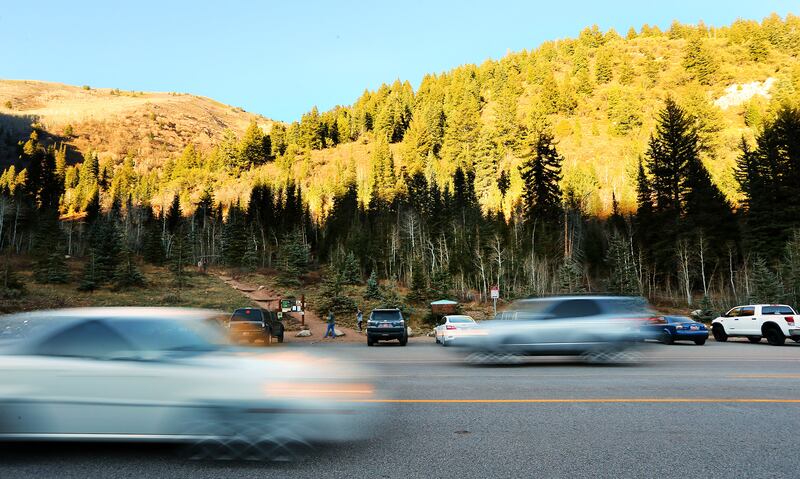 Cars are parked near the Mill D North Fork trailhead in Big Cottonwood Canyon in 2017.