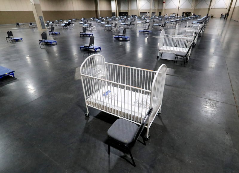 Cribs and beds are pictured in the Mountain America Expo Center in Sandy on Monday, April 6, 2020.