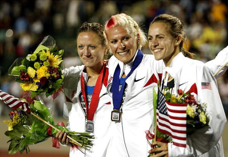 Lindsey Anderson, left, joins Anna Willard and Jennifer Barringer after winning steeplechase spots on the U.S. Olympic track team at Thursday night's trials.
