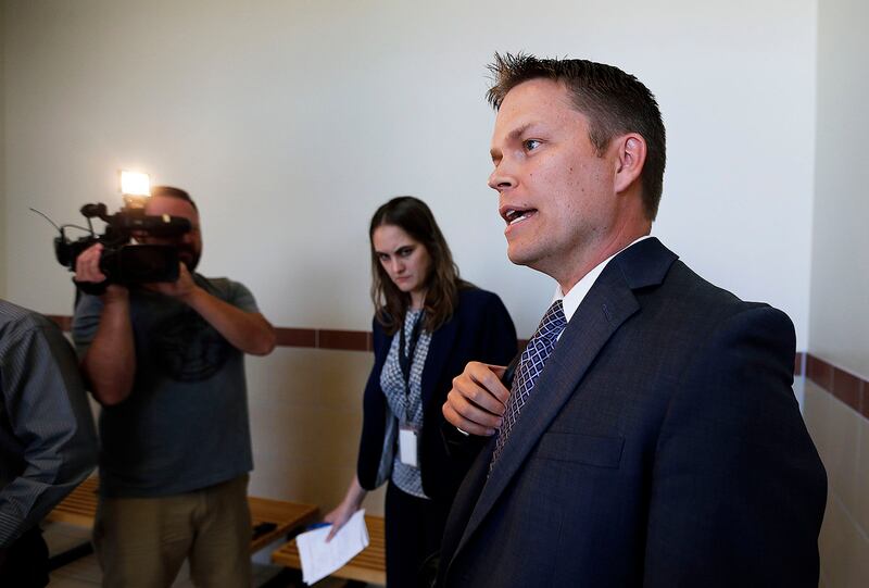 FILE - Prosecution attorney Nathan Evershed talks with the media in West Jordan, Monday, Aug. 17, 2015.