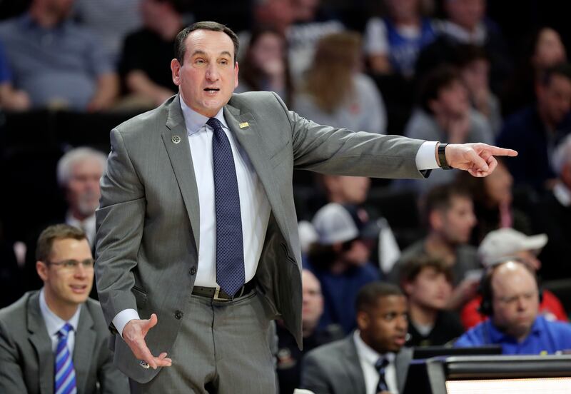 Duke coach Mike Krzyzewski directs his team against Wake Forest during the first half of an NCAA college basketball game in Winston-Salem, N.C., Tuesday, Jan. 8, 2019. (AP Photo/Chuck Burton)