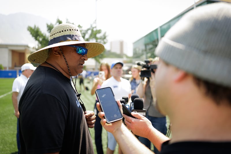 BYU head coach Kalani Sitake fields reporters' questions during opening day of fall camp Wednesday, Aug. 5, 2026, in Provo.