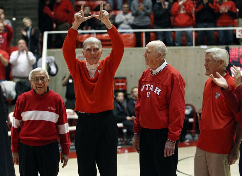 The 1944 national championship basketball team from the University of Utah is honored at halftime during NCAA basketball in Salt Lake City, Friday, Dec. 21, 2012.