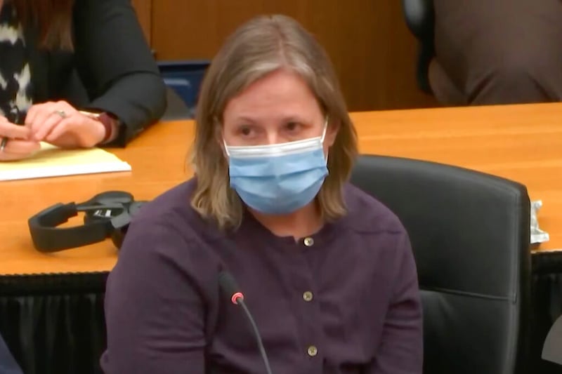 Former Brooklyn Center Police Officer Kim Potter listens during a sentencing hearing.