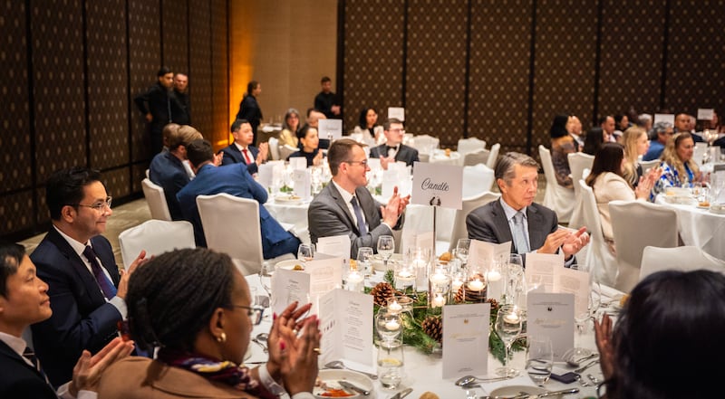 Guests gather Tuesday, Dec. 2, 2025, for the first-ever Light the World dinner hosted by The Church of Jesus Christ of Latter-day Saints in Geneva, Switzerland.