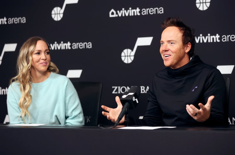 Utah Jazz owners Ashley Smith and Ryan Smith talk to media about the upcoming NBA All-Star 2023 Weekend at Vivint Arena.