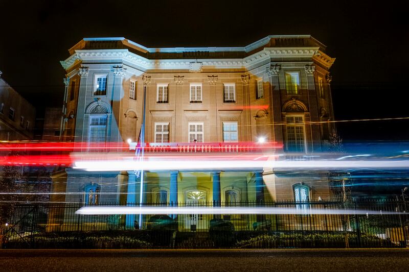 Traffic streaks by the Cuban Embassy in Washington early Saturday morning, Nov. 26, 2016. The embassy was attacked on September 24, 2023, when Molotov cocktails were thrown at the building.