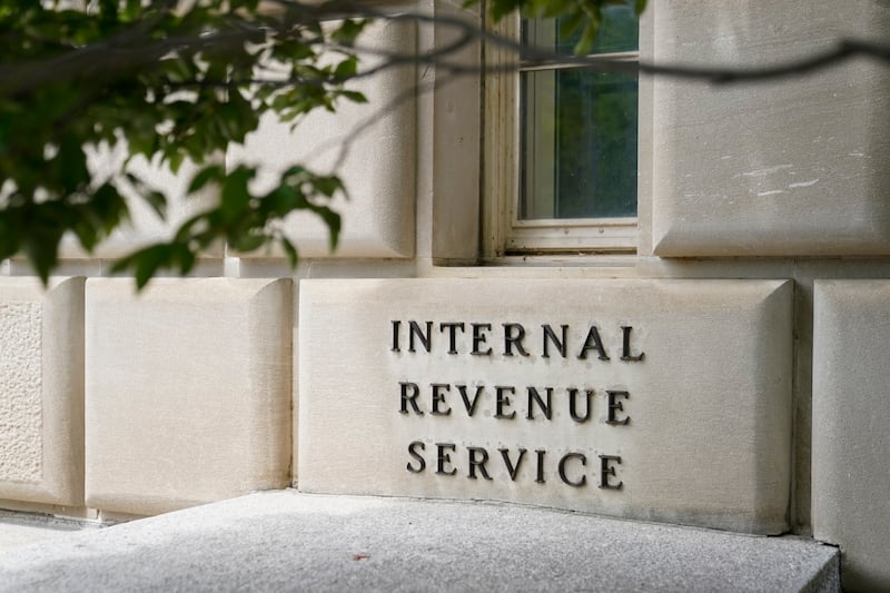A sign outside the Internal Revenue Service building in Washington is pictured on May 4, 2021.