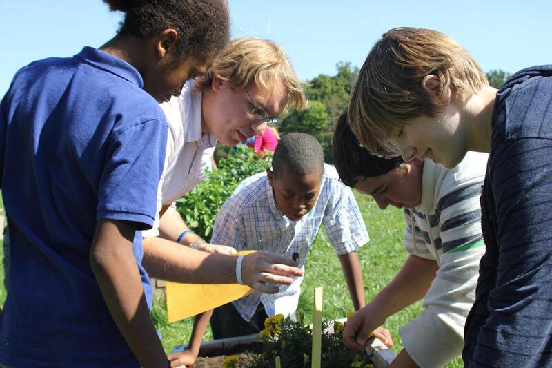 In this Sept. 28, 2012, photo, teacher Jarrod Neuhaus, second from left, instructs a group of students in the proper method for harvesting marigold seeds at Garfield Montessori School in Decatur, Ill. Garfield is an American Heart Association Teaching Gar