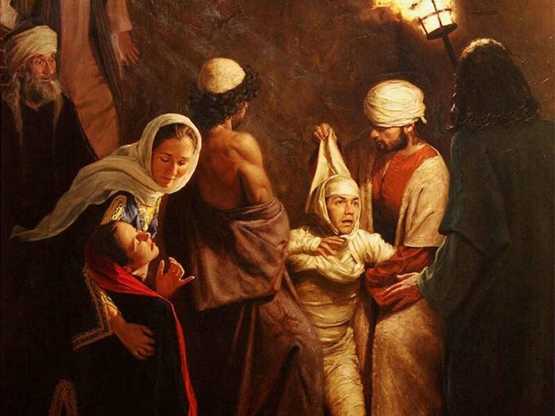 "The Raising of Lazarus" (oil on canvas, 104 by 77 inches) by Jeffrey Hein at Williams Fine Art.