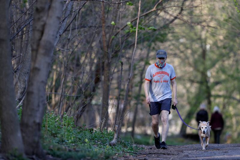 Christopher Longworth takes a solitary walk with his dog Ida Mae through the woods in Brooklyn’s Prospect Park.