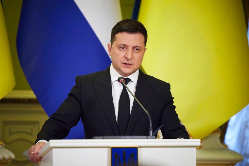 Ukrainian President Volodymyr Zelenskyy speaks in Kyiv, Ukraine.